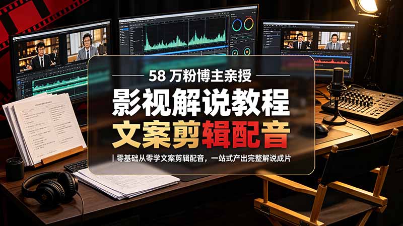 58 万粉博主荧幕春秋亲授影视解说教程｜零基础从零学文案剪辑配音，一站式产出完整解说成片-闲赋网