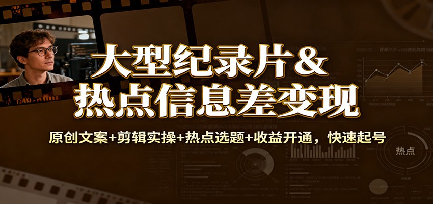 大型纪录片&热点信息差变现：原创文案+剪辑实操+热点选题+收益开通，快速起号-闲赋网