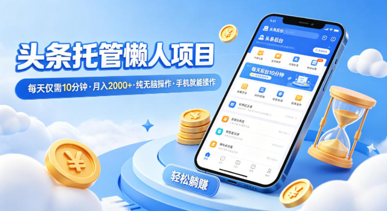 头条托管懒人项目，每天仅需10分钟，月入2000+，纯无脑操作，手机就能操作【揭秘】-闲赋网