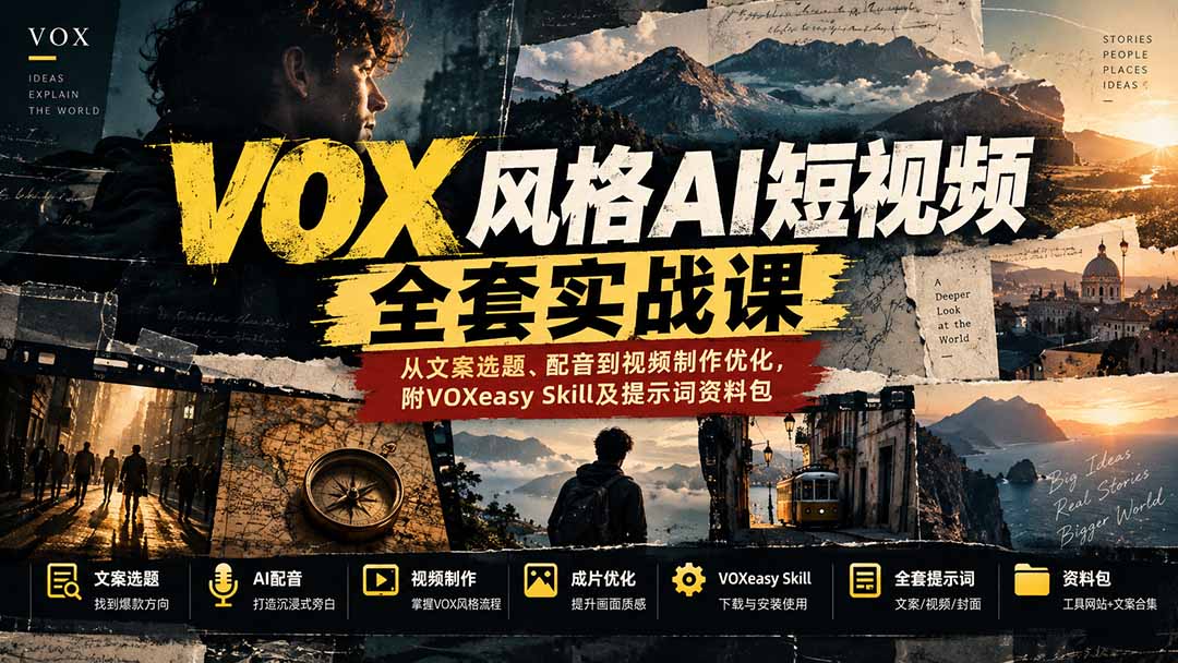 【无水印】VOX风格AI短视频全套实战课：从文案选题、配音到视频制作优化，附VOXeasy Skill及提示词资料包-闲赋网