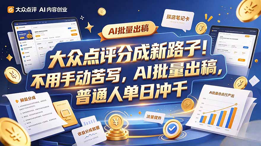 大众点评副业新玩法，工具提效解放双手，批量做笔记，单日可破千-闲赋网