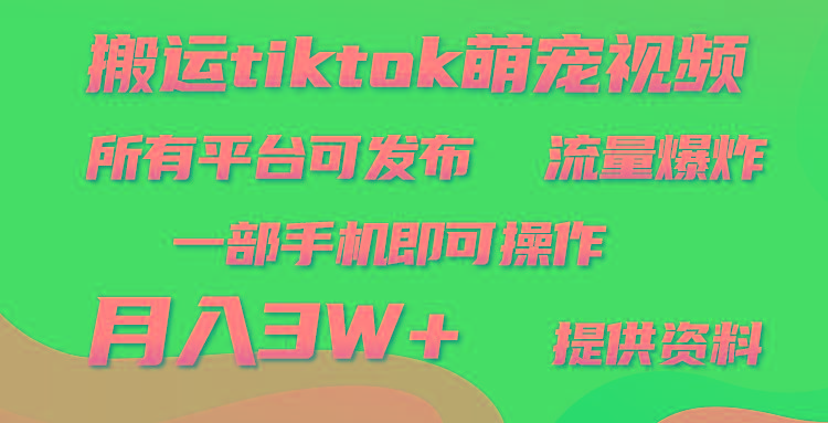(9618期)搬运Tiktok萌宠类视频，一部手机即可。所有短视频平台均可操作，月入3W+-闲赋网