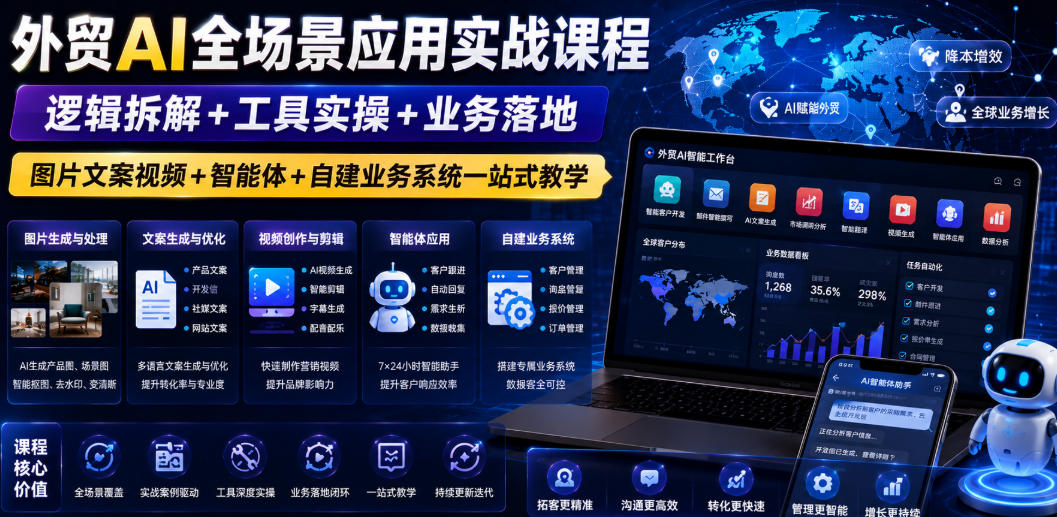 0ebb0c1e1ab3532e0e105d2137f42f45.jpeg 外贸AI全场景应用实战课程|逻辑拆解+工具实操+业务落地,图片文案视频+智能体+自建业务系统一站式教学