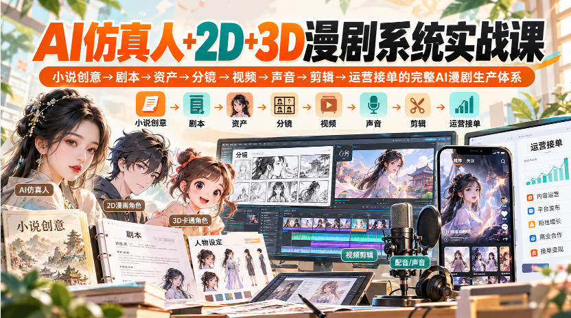 【无水印】AI仿真人+2D+3D漫剧系统实战课，小说创意→剧本→资产→分镜→视频→声音→剪辑→运营接单的完整AI漫剧生产体系-闲赋网