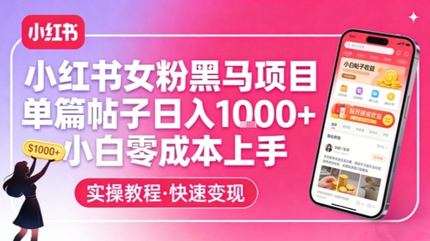 小红书女粉黑马项目，单篇帖子日入1k+，小白零成本上手-闲赋网