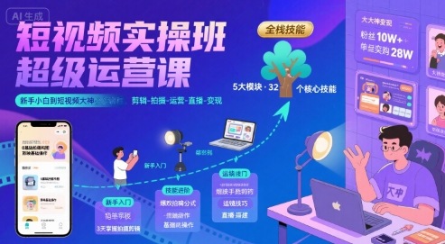 短视频实操班超级运营课，新手小白到短视频大神必修课程，剪辑-拍摄-运营-直播-变现-闲赋网