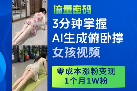 3分钟掌握AI生成俯卧撑女孩视频，零成本涨粉变现，1个月1W粉-闲赋网