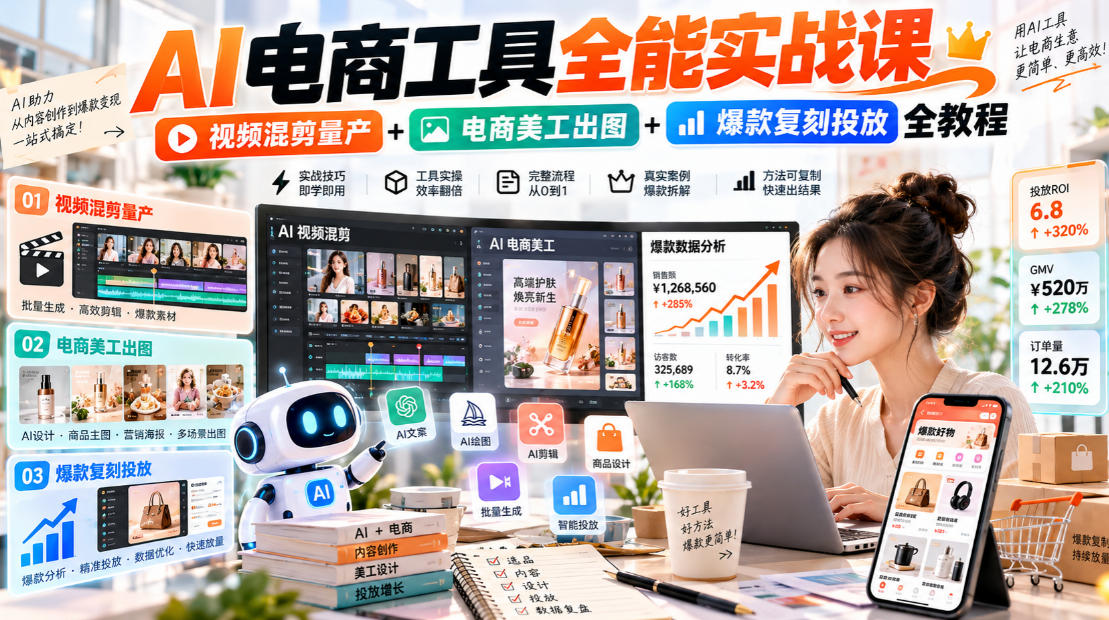 AI电商工具全能实战教学，视频混剪量产+电商美工出图+爆款复刻投放全教程​-闲赋网