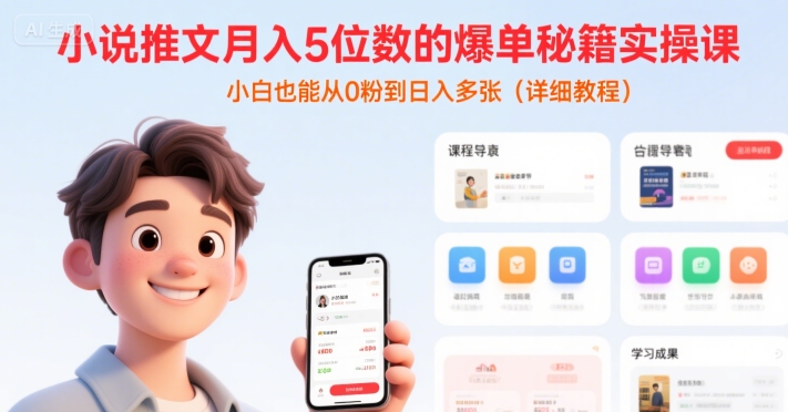小说推文月入5位数的爆单秘籍实操课，，小白也能从0粉到日入多张(详细教程)-闲赋网