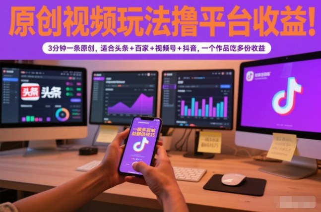 原创视频玩法撸平台收益，3分钟一条原创，适合头条+百家+视频号+抖音，一个作品吃多份收益-闲赋网