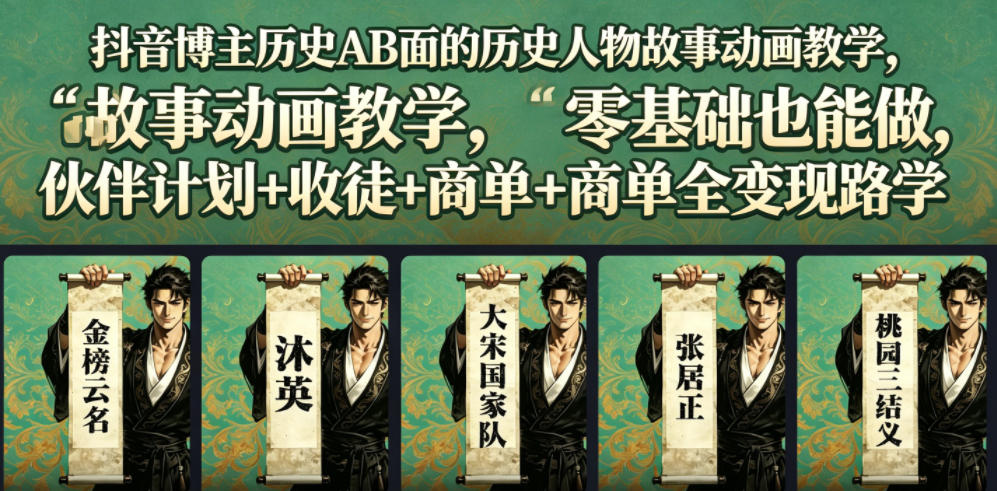 1a13baaed2b34c6b996f282cd92e06f4.jpeg 抖音博主历史AB面的历史人物故事动画教学,零基础也能做,伙伴计划+收徒+商单全变现路径教学