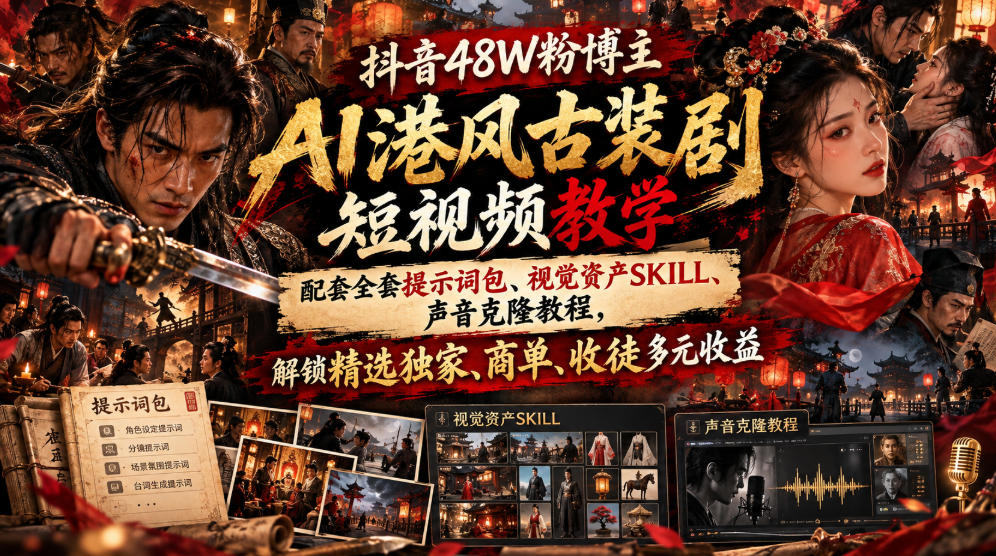 抖音48W粉博主AI港风古装剧短视频教学，配套全套提示词包、视觉资产SKILL、声音克隆教程，解锁精选独家、商单、收徒多元收益-闲赋网