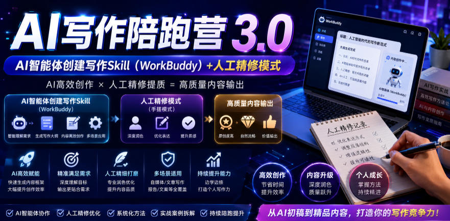 1b15268d8f96954ebc1ea1aa31454c49.jpeg AI写作陪跑营3.0,Ai智能体创建写作skill(workbuddy)+人工手写模式(手搓模式),去除AI痕迹(头条号、公众号、百家号)(更新0806)