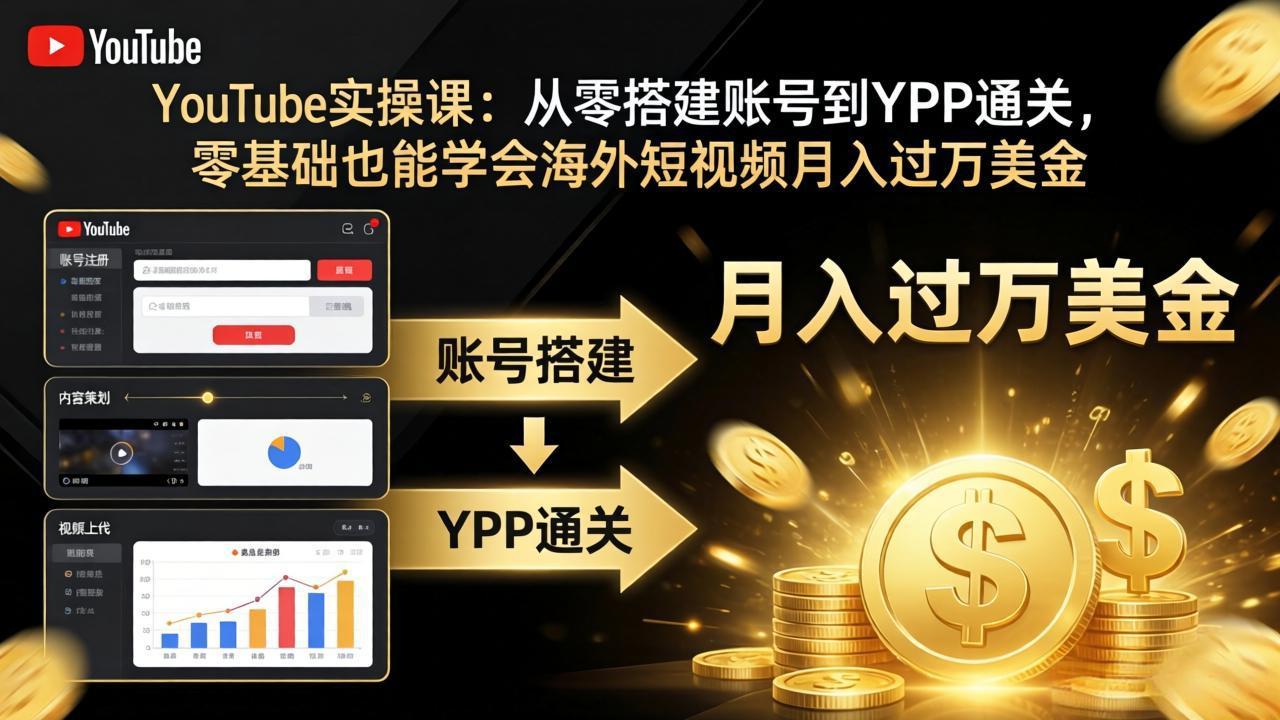 YouTube实操课：从零搭建账号到YPP通关，零基础也能学会海外短视频月入过万美金-闲赋网