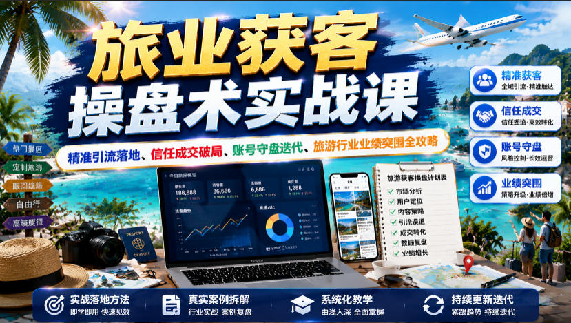 1e338a05cf6aef24977a98be28c8a435.jpeg 旅业获客操盘术实战课|精准引流落地、信任成交破局、账号守盘迭代、旅游行业业绩突围全攻略
