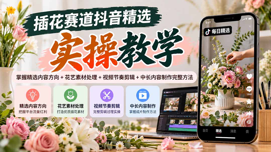 1e7044ebaccb0538b1b0d0a61a194735.jpeg 插花赛道抖音精选实操教学:掌握精选内容方向+花艺素材处理+视频节奏剪辑+中长内容制作完整方法