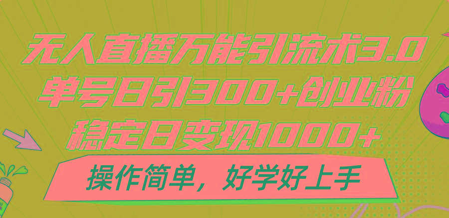 无人直播万能引流术3.0，单号日引300+创业粉，稳定日变现1000+，操作简单-闲赋网