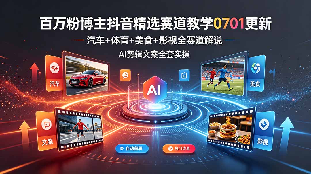 1fa5f5f8848019d36dff67c41084a584.jpeg 百万粉博主抖音精选赛道教学-0701更新,汽车+体育+美食+影视全赛道解说,AI剪辑文案全套实操