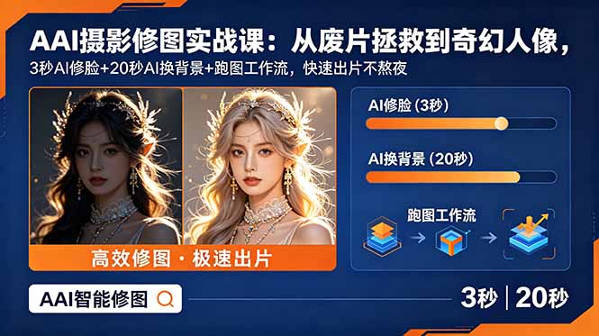AI摄影修图实战课：从废片拯救 到 奇幻人像，3秒AI修脸+20秒AI换背景+跑图工作流，快速出片不熬夜-闲赋网