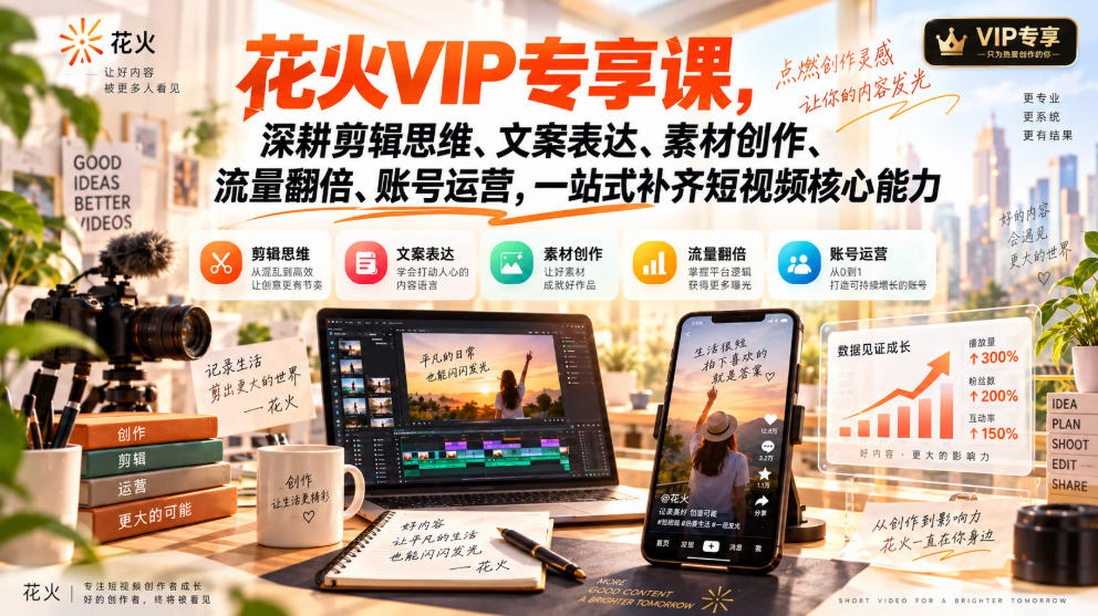 21288f810c0798eb71ac4db9e42d6c8a.jpeg 花火VIP专享课,深耕剪辑思维、文案表达、素材创作、流量翻倍、账号运营,一站式补齐短视频核心能力