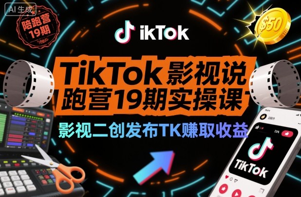 TikTok影视解说陪跑营19期实操课，影视二创发布TK賺取收益，万播收益50美金(更新)-闲赋网