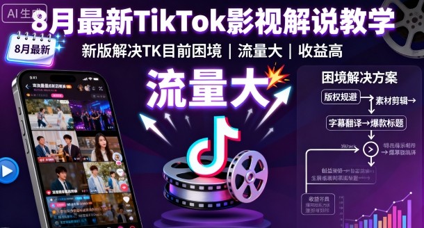8月最新TikTok影视解说教学，新版解决TK目前困境，流量大，收益高-闲赋网