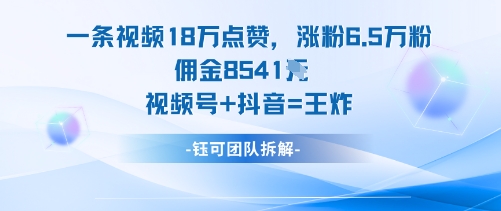 一条视频18W点赞，涨粉6.5W粉佣金8541米，视频号+抖音=王炸-闲赋网