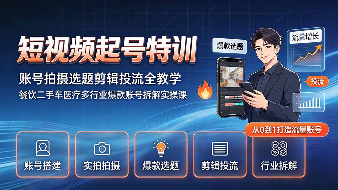 230c687e1ccb83b3d8658053c5039a18.jpeg 短视频起号特训|账号拍摄选题剪辑投流全教学,餐饮二手车医疗多行业爆款账号拆解实操课