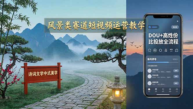 风景类赛道短视频运营教学：诗词文学中式美学，新号养号对标账号定位，DOU+高性价比投放全流程-闲赋网