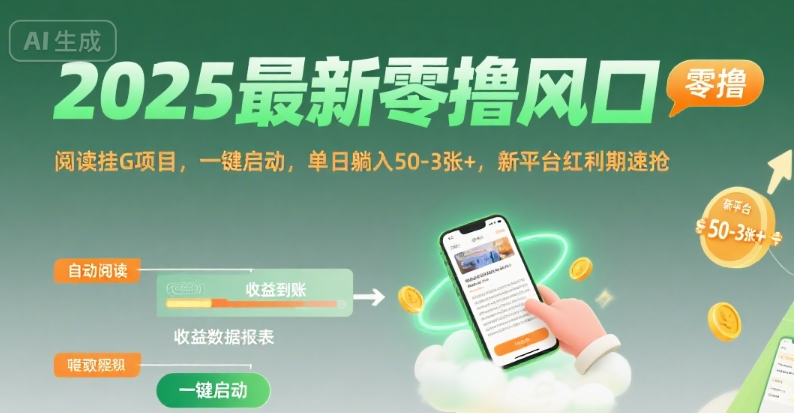2025最新零撸风口，阅读挂G项目，一键启动，单日躺入 50-3张+，新平台红利期速抢【揭秘】-闲赋网