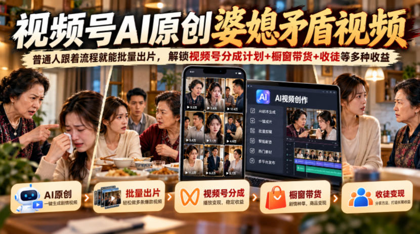 254d903efad773d5696fa8f6e0744d0a.jpeg 视频号ai原创婆媳矛盾视频,普通人跟着流程就能批量出片,解锁视频号分成计划+橱窗带货+收徒等多种收益