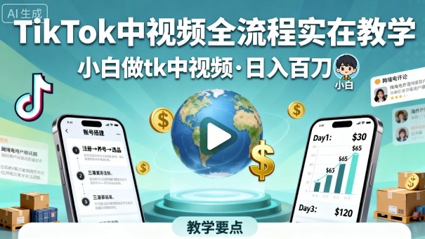 TikTok中视频全流程实操教学，小白做tk中视频，日入百刀-闲赋网