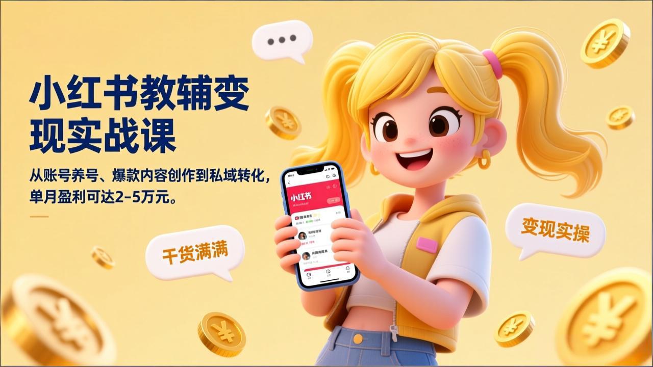 小红书教辅变现实战课，从账号养号、爆款内容创作到私域转化，单月盈利可达2-5万元-闲赋网