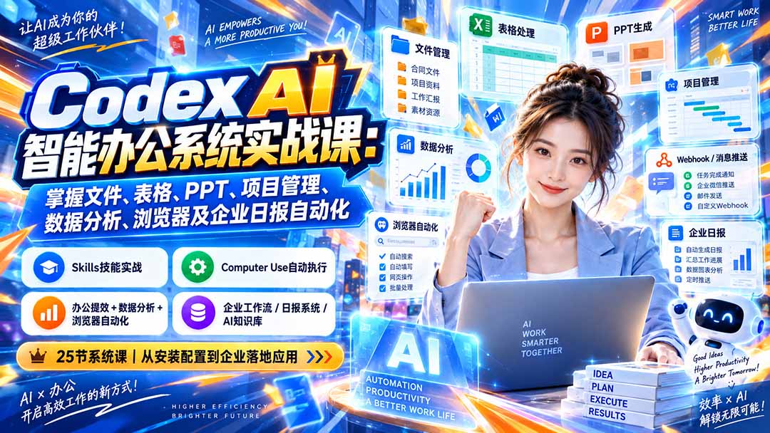 Codex AI智能办公系统实战课：掌握文件、表格、PPT、项目管理、数据分析、浏览器及企业日报自动化-闲赋网