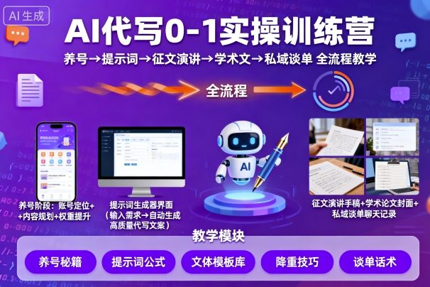 AI代写0-1实操训练营，从养号、提示词、征文演讲、学术文，到私域谈单的全流程教学-闲赋网