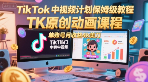 TikTok中视频计划保姆级教程，TK原创动画课程，单账号月收益4k美刀-闲赋网