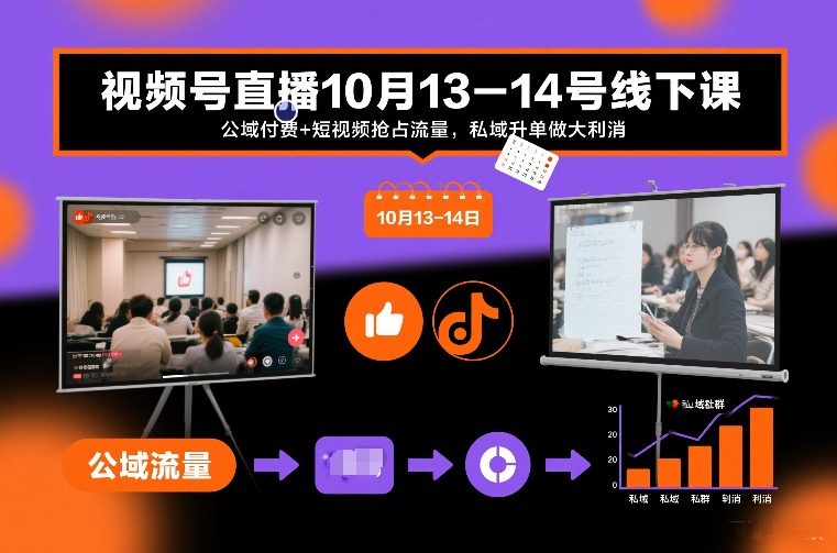 视频号直播10月13-14号线下课，公域付费+短视频抢占流量，私域升单做大利消-闲赋网