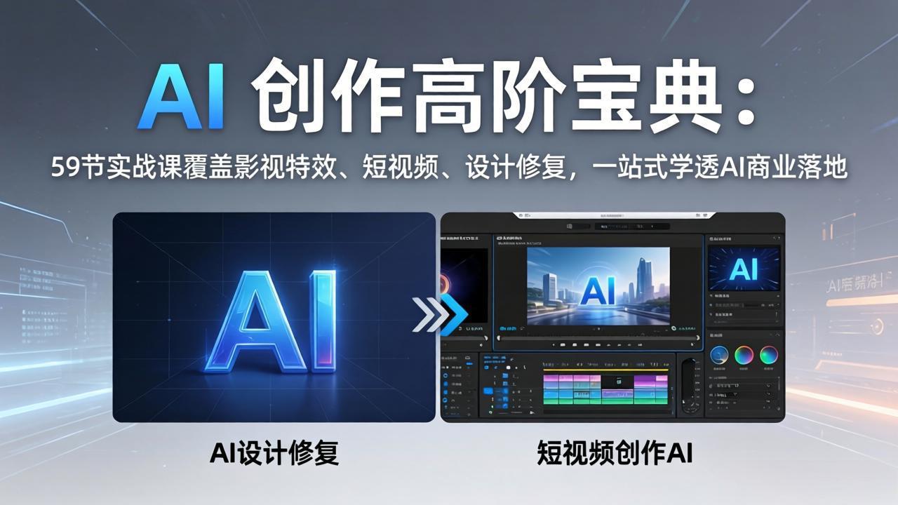 AI 创作高阶宝典：59节实战课覆盖影视特效、短视频、设计修复，一站式学透AI商业落地-闲赋网