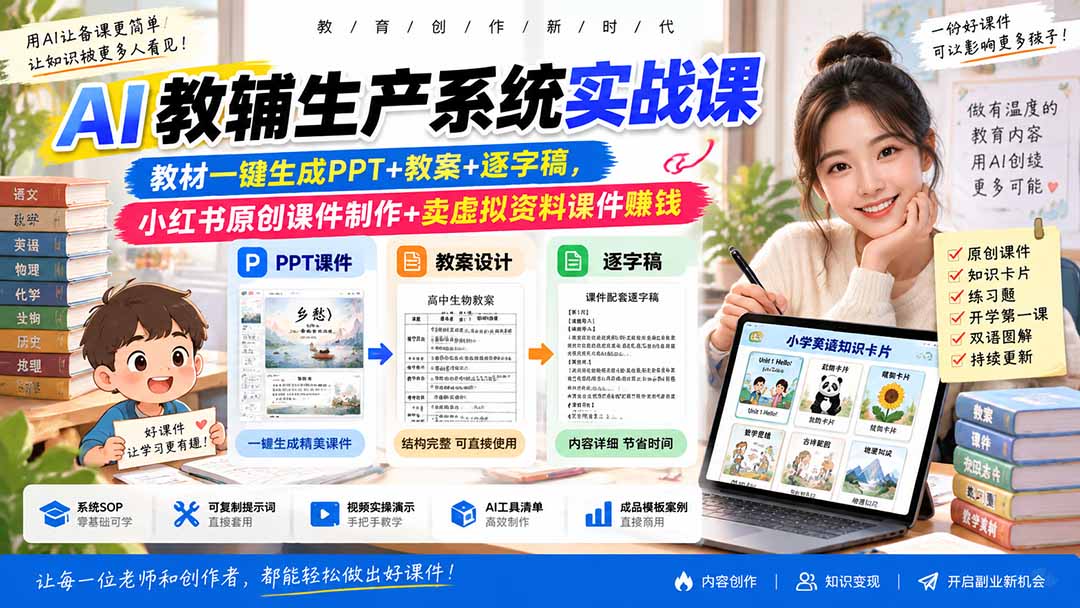 2d92bd119e6a6ae173bc027fd6357222.jpeg AI教辅生产系统实战课-更新0926|教材一键生成PPT+教案+逐字稿,小红书原创课件制作+卖虚拟资料课件赚钱
