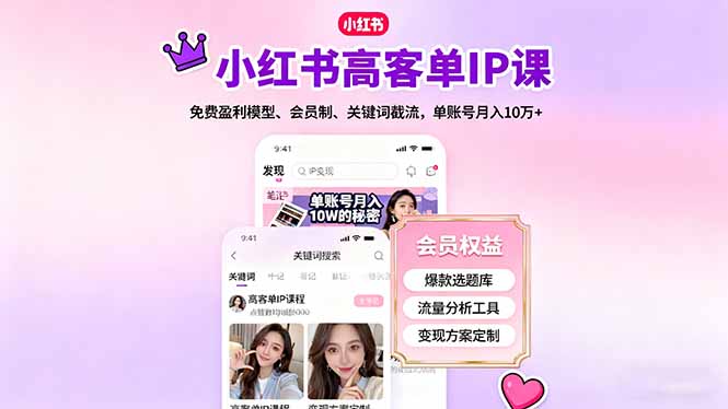 小红书高客单IP课，免费盈利模型、会员制、关键词截流，单账号月入10万+-闲赋网