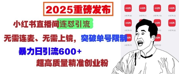 2025重磅发布：小红书直播间连怼引流，无需连麦、无需上镜，突破单号限制，暴力日引流600+-闲赋网