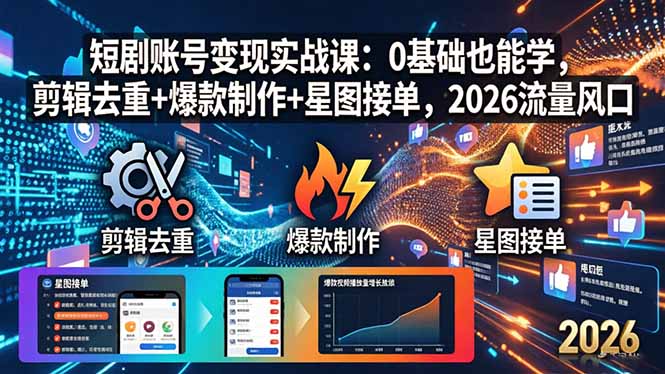 短剧账号变现实战课：0基础也能学，剪辑去重+爆款制作+星图接单，2026流量风口-闲赋网