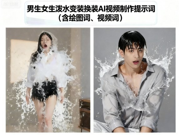男生女生泼水变装换装AI视频制作提示词(含绘图词、视频词)-闲赋网