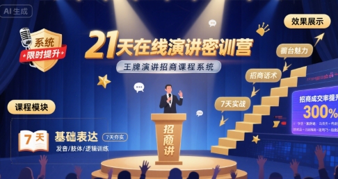 21天在线演讲密训营，王牌演讲招商课程系统-闲赋网
