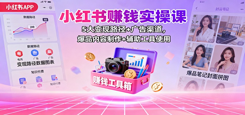 小红书赚钱实操课：5大变现路径+广告渠道，爆品内容制作+辅助工具使用-闲赋网