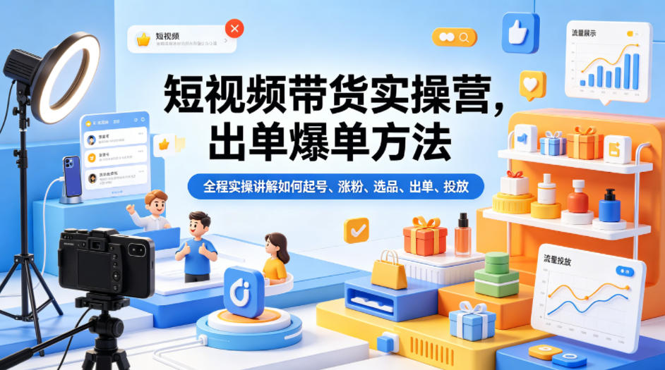 短视频带货实操营，出单爆单方法，全程实操讲解如何起号、涨粉、选品、出单、投放-闲赋网