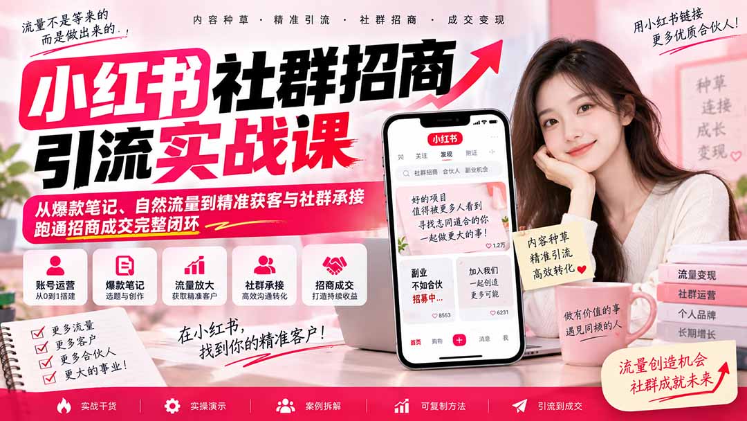 小红书社群招商引流实战课-无水印：从爆款笔记、自然流量到精准获客与社群承接，跑通招商成交完整闭环-闲赋网