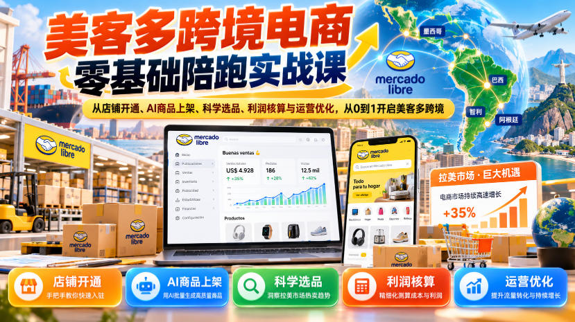 美客多跨境电商零基础陪跑实战课：从店铺开通、AI商品上架、科学选品、利润核算与运营优化，从0到1开启美客多跨境-闲赋网