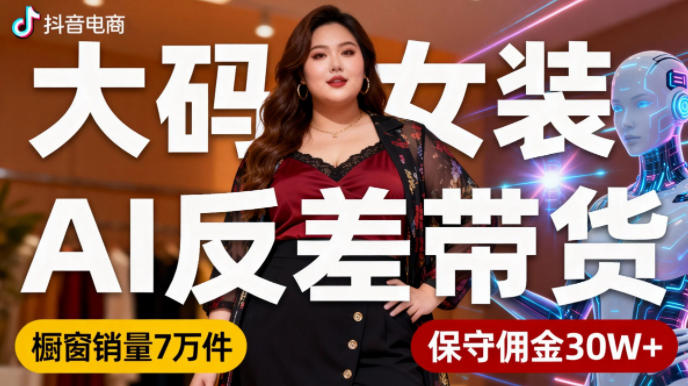 抖音小众赛道，大码女装AI反差带货，不用直播，每天6条作品，橱窗卖7万件，保守佣金30W+-闲赋网
