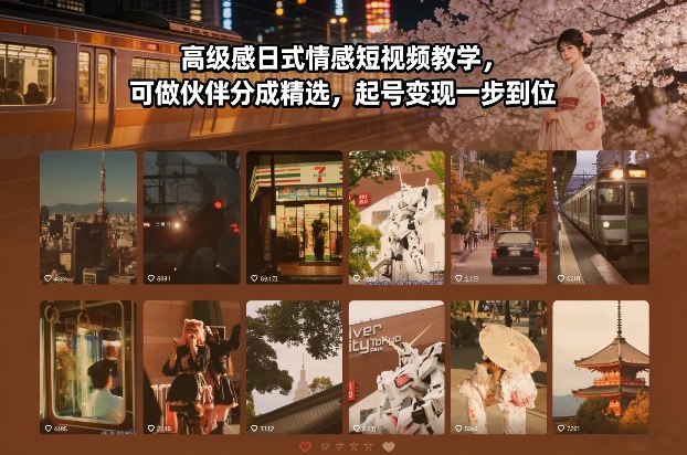 高级感日式情感短视频教学，可做伙伴分成精选，起号变现一步到位-闲赋网